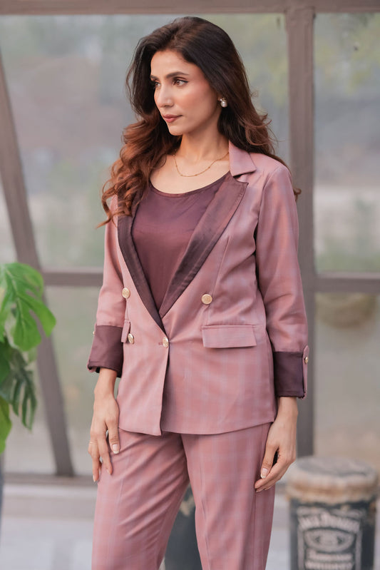 Mauve check coat with wine satin detailing with gold buttons EWCT0014-MAUGB