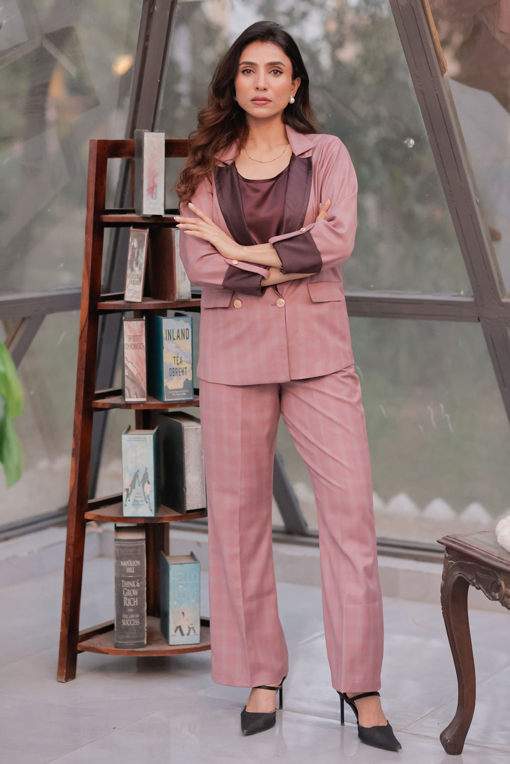 Mauve check coat with wine satin detailing with gold buttons EWCT0014-MAUGB