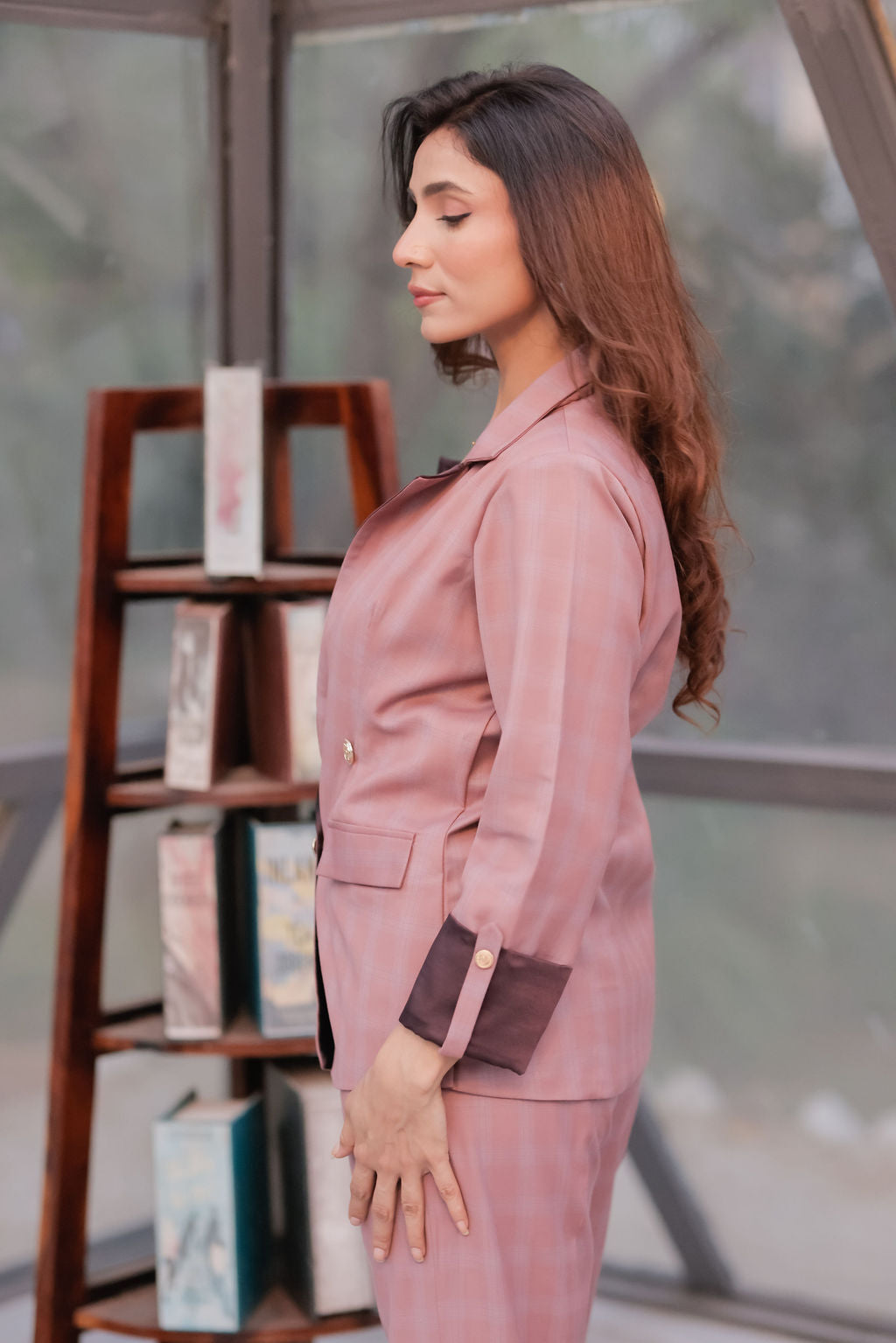 Mauve check coat with wine satin detailing with gold buttons & Pants Co ord set EWCO0039-MAUPT