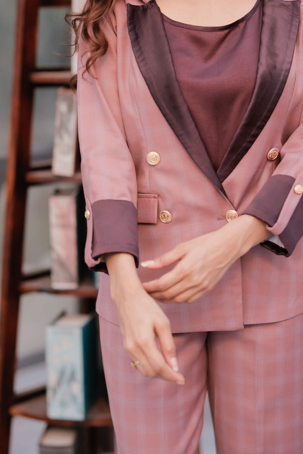 Mauve check coat with wine satin detailing with gold buttons & Pants Co ord set EWCO0039-MAUPT