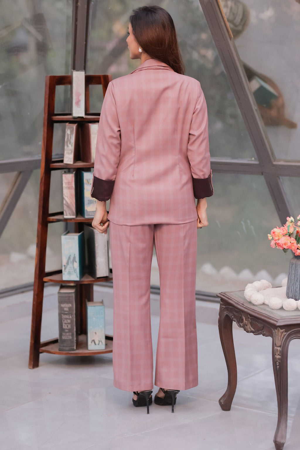 Mauve check formal pants with gold buttons detailing ESWPA0023-MAUGB