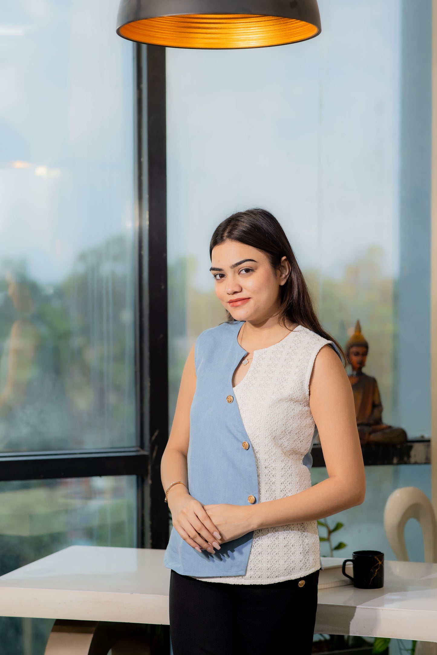 Mid blue flap top with crotia and gold button detailing-Esseneur