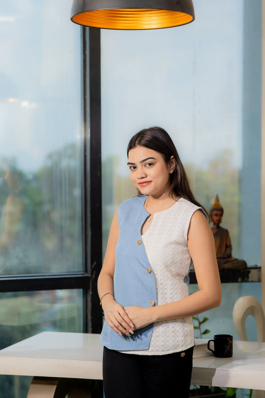 Mid blue flap top with crotia and gold button detailing-Esseneur