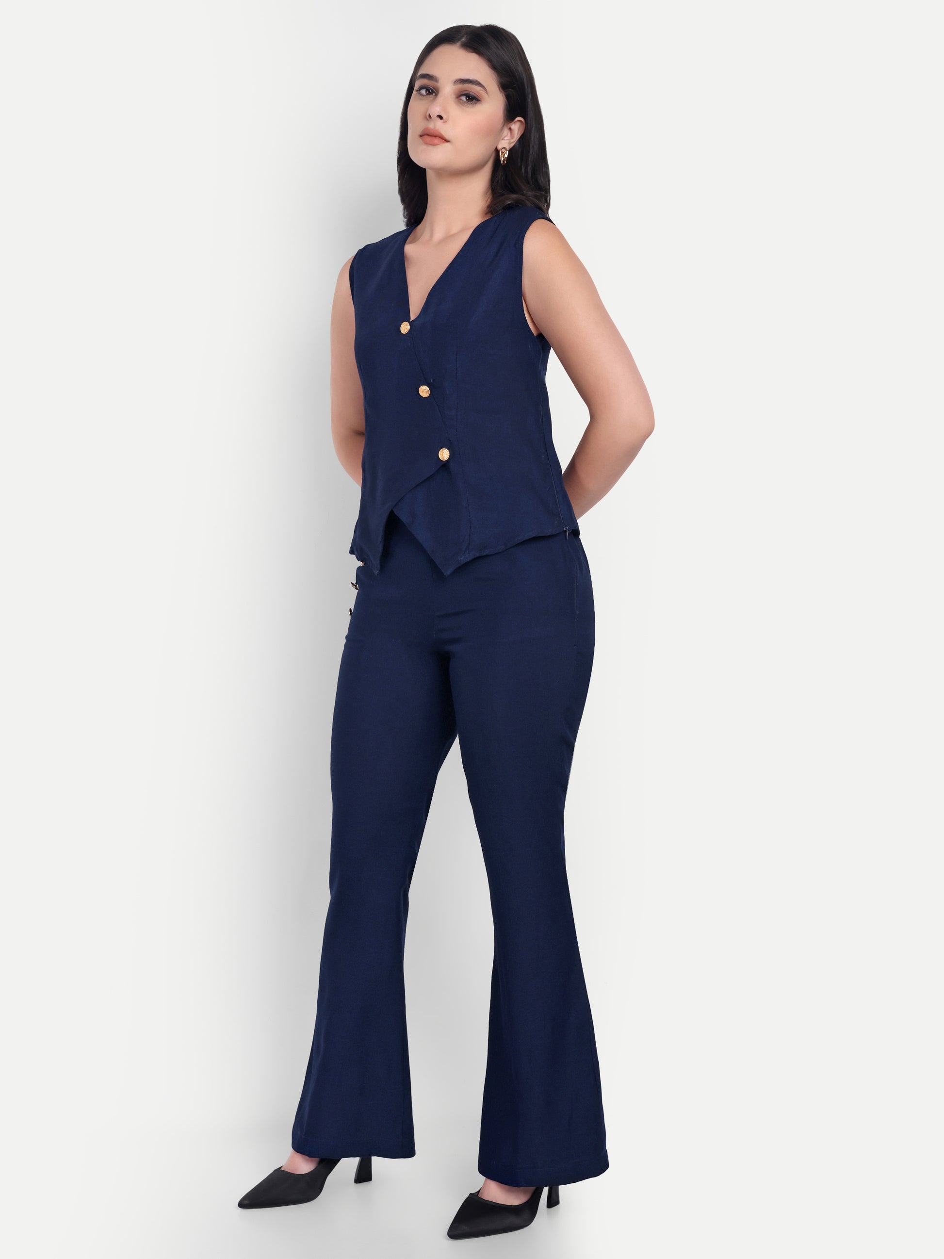 Navy co ord set with gold buttons-esseneur