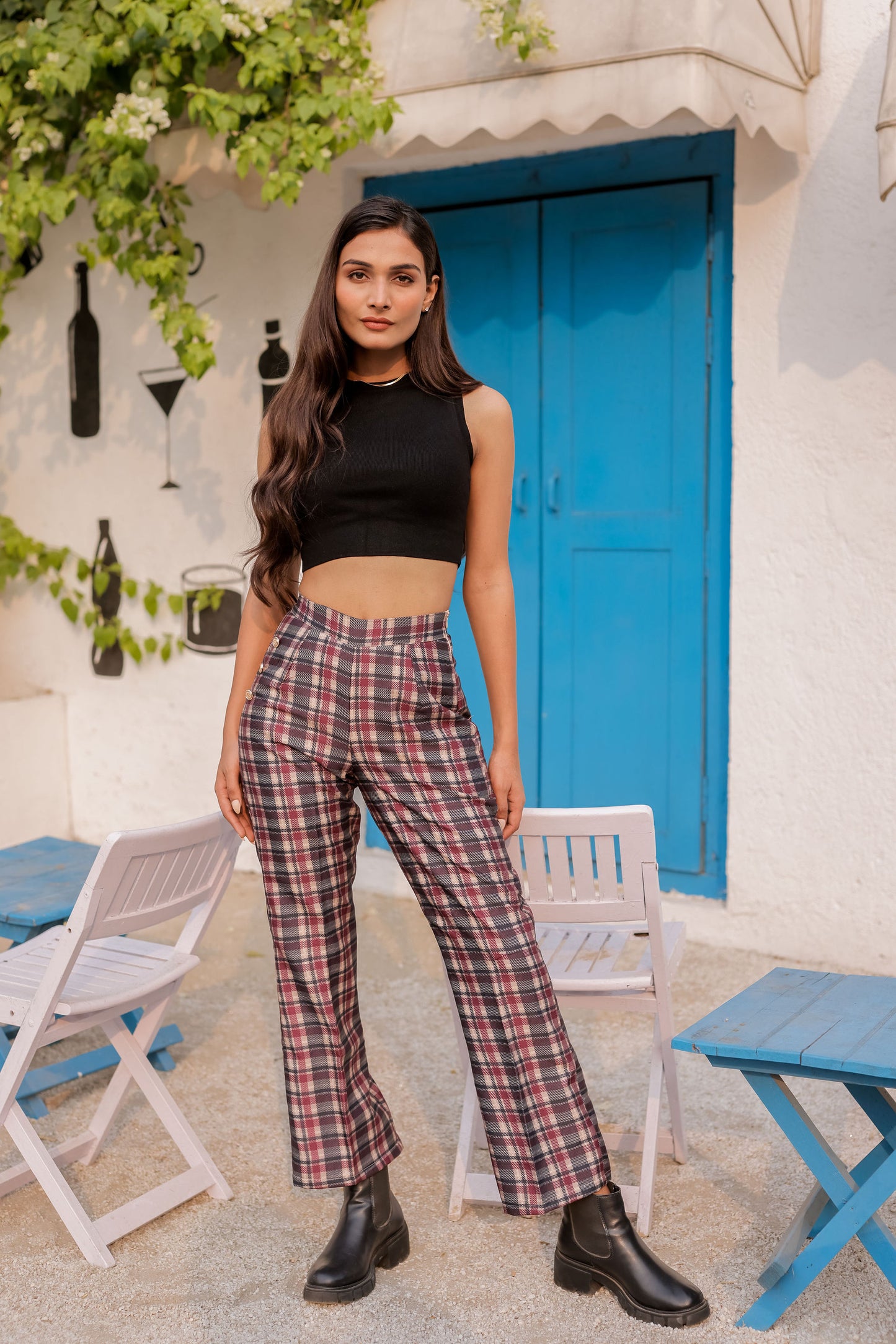 Check print pants with gold buttons ESWPA0032-CHKGB