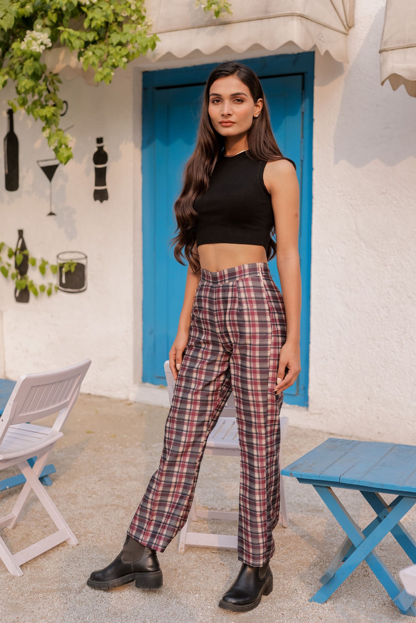 Check print pants with gold buttons ESWPA0032-CHKGB