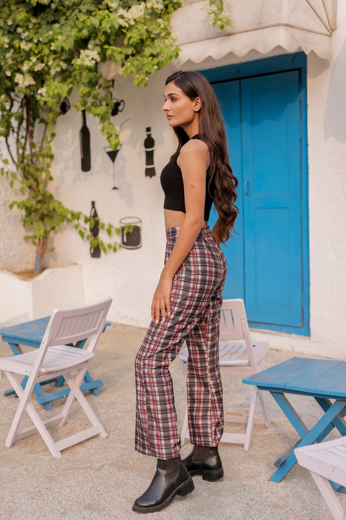 Check print pants with gold buttons ESWPA0032-CHKGB