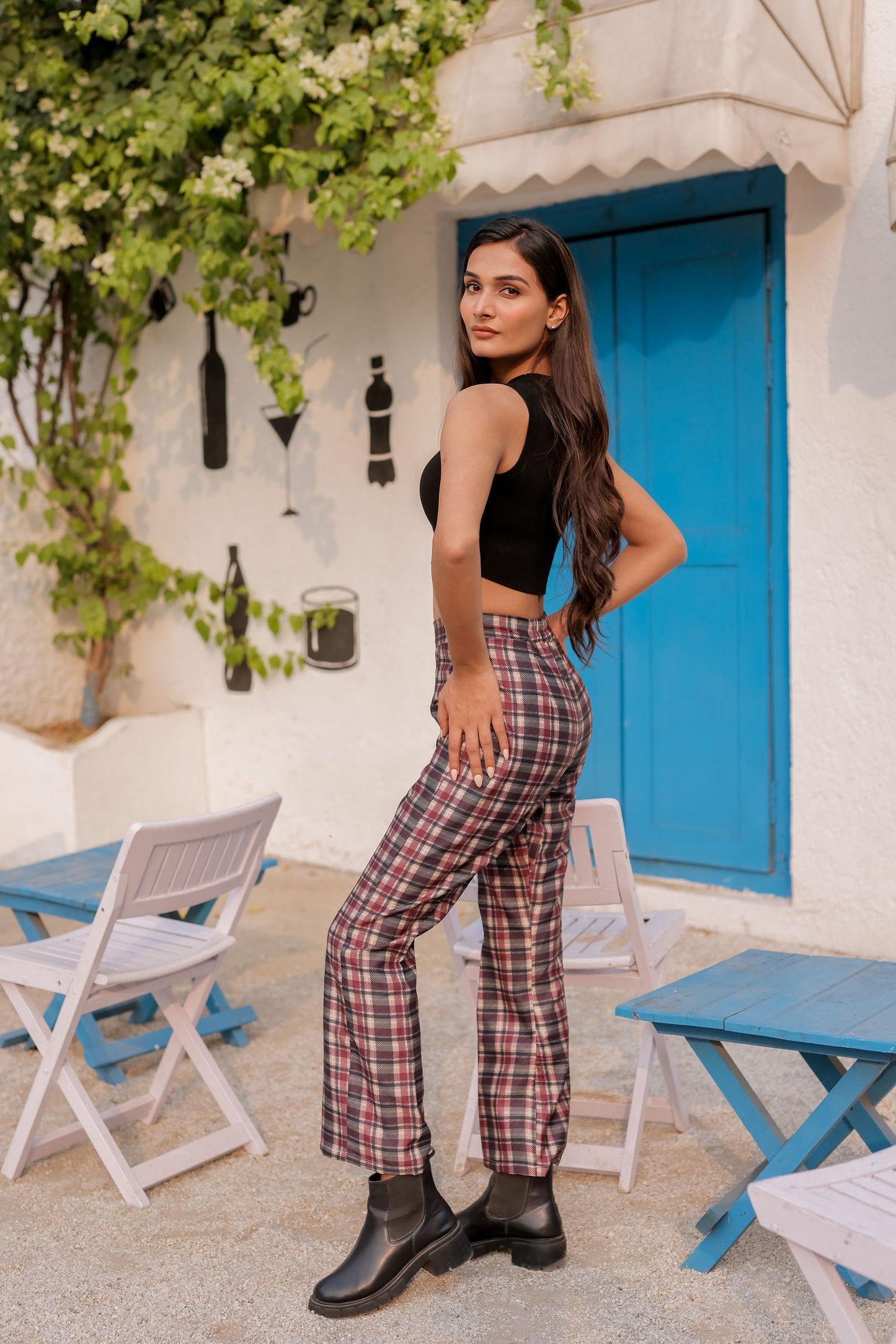 Check print pants with gold buttons ESWPA0032-CHKGB