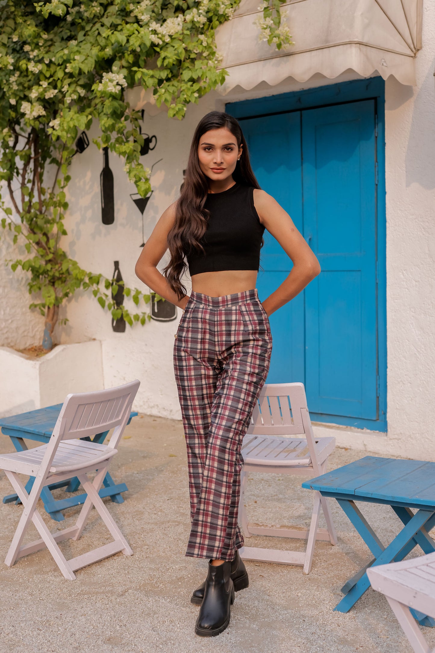 Check print pants with gold buttons ESWPA0032-CHKGB