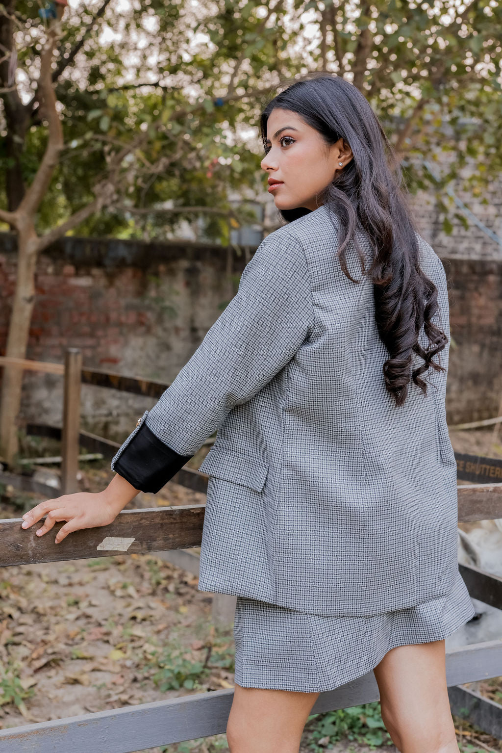 Black and grey woollen houndstooth coat & Pants Co ord set  with black satin detailing and gold buttons