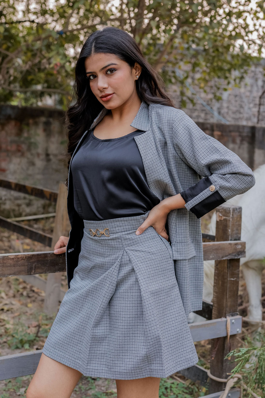 Black and grey woollen houndstooth coat & Pants Co ord set  with black satin detailing and gold buttons
