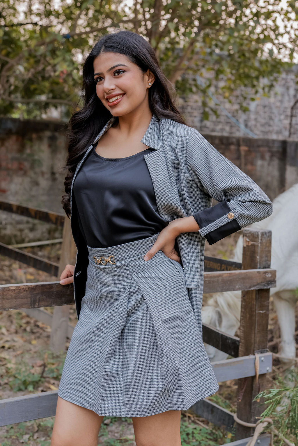 Black and grey woollen houndstooth coat & Pants Co ord set  with black satin detailing and gold buttons