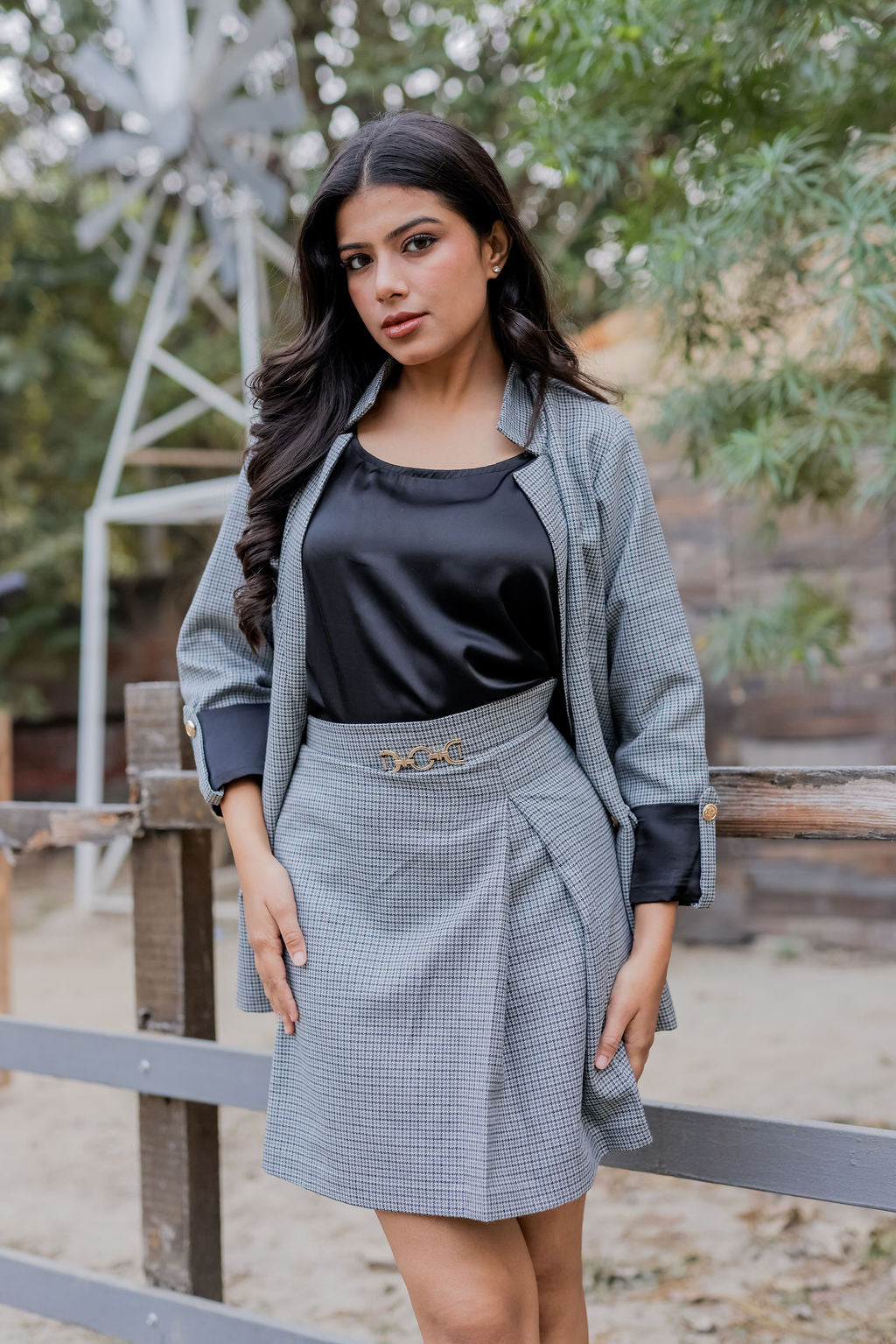 Black and grey woollen houndstooth coat & Pants Co ord set  with black satin detailing and gold buttons