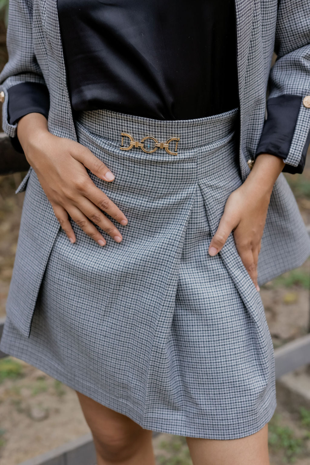 Black and grey woollen houndstooth coat & Pants Co ord set  with black satin detailing and gold buttons