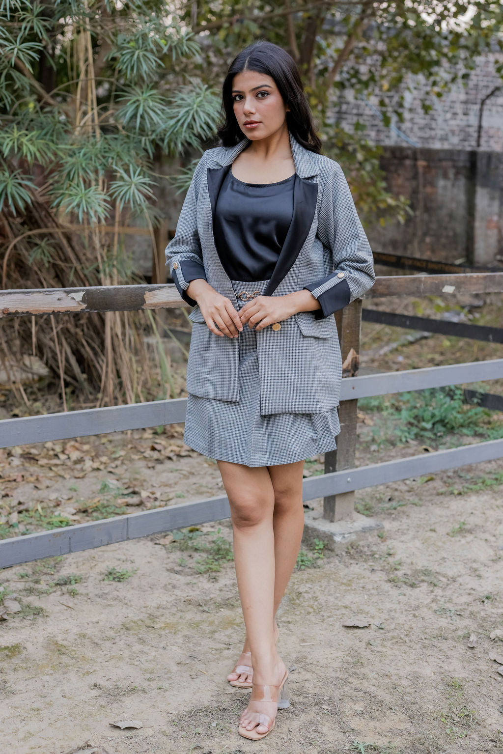 Black and grey woollen houndstooth coat & Pants Co ord set  with black satin detailing and gold buttons