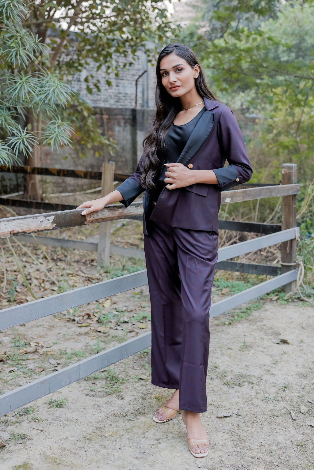 Blue purple check pants with gold buttons detailng ESWPA0030-BLUGB