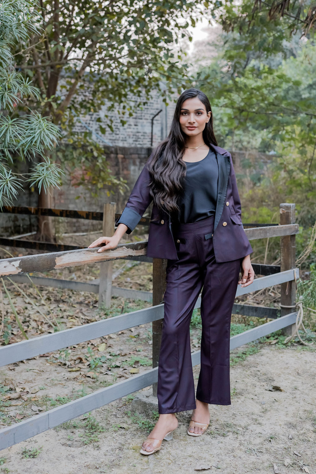 Blue purple check pants with gold buttons detailng ESWPA0030-BLUGB