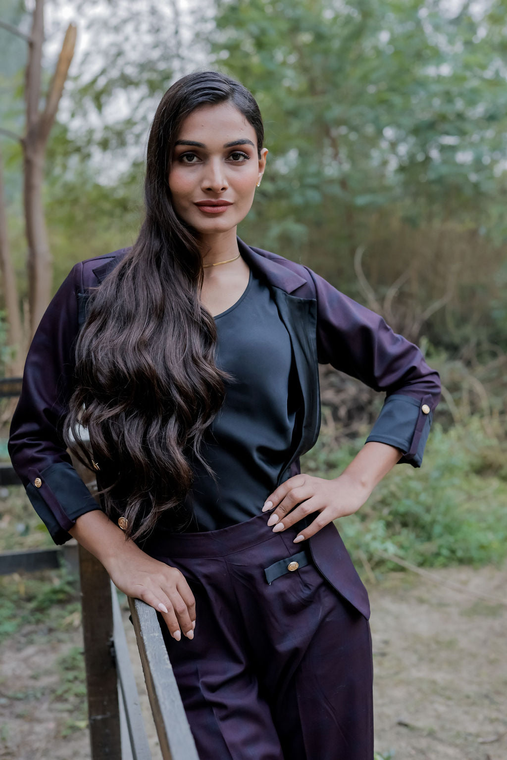 Blue purple check pants with gold buttons detailng ESWPA0030-BLUGB