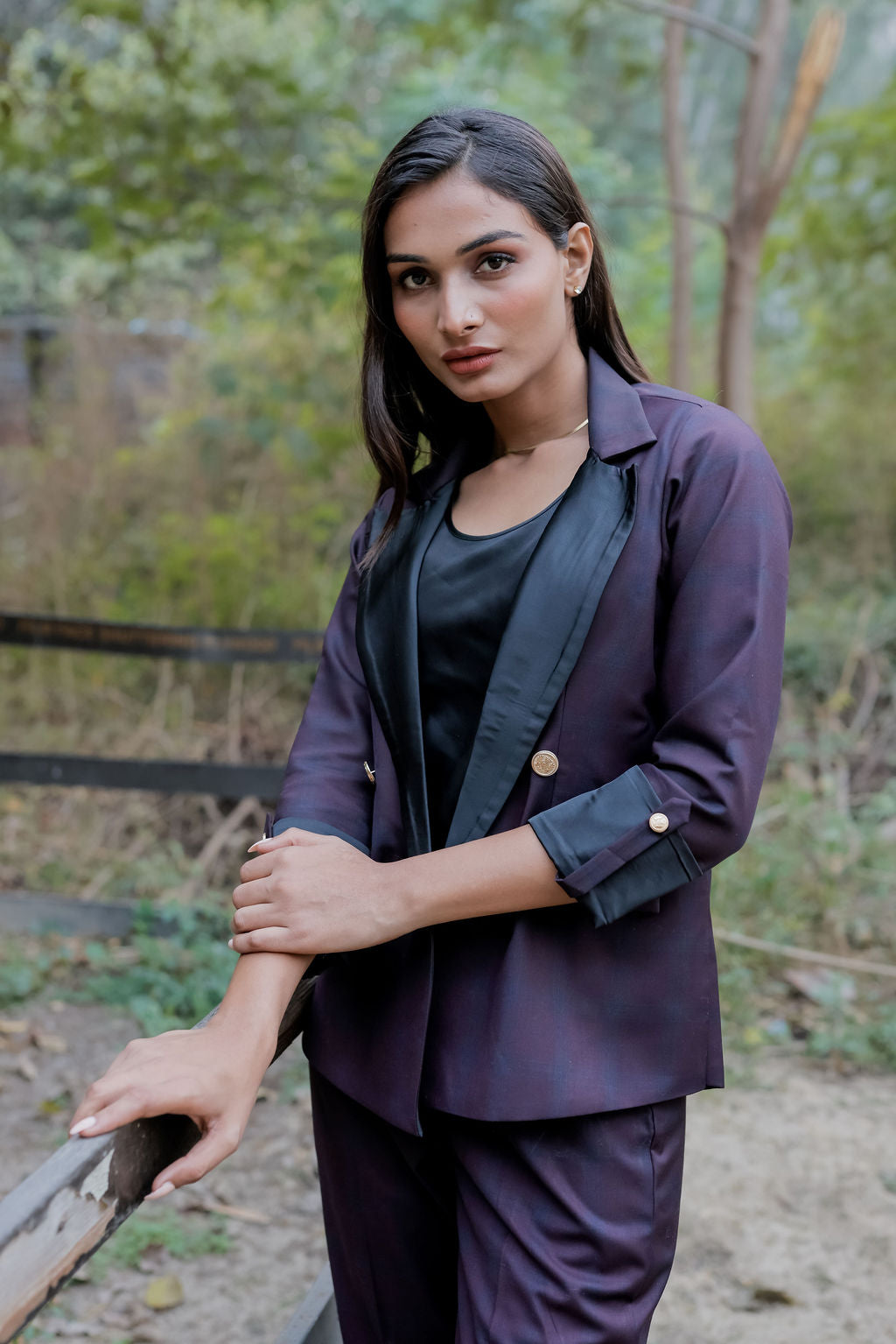 Blue purple check pants with gold buttons detailng ESWPA0030-BLUGB