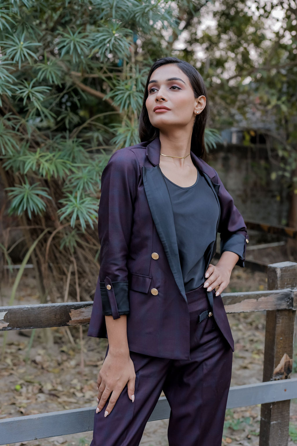 Blue purple check pants with gold buttons detailng ESWPA0030-BLUGB