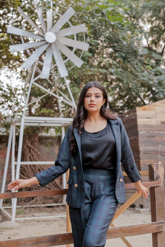 Green & Blue tweed fabric coat with gold buttons detailing & Pants Co ord set EWCO0037-GRNPT