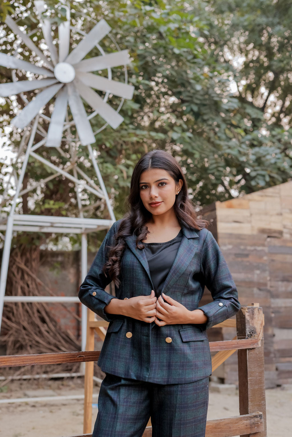 Green & Blue tweed fabric coat with gold buttons detailing EWCT0012-GRNGB