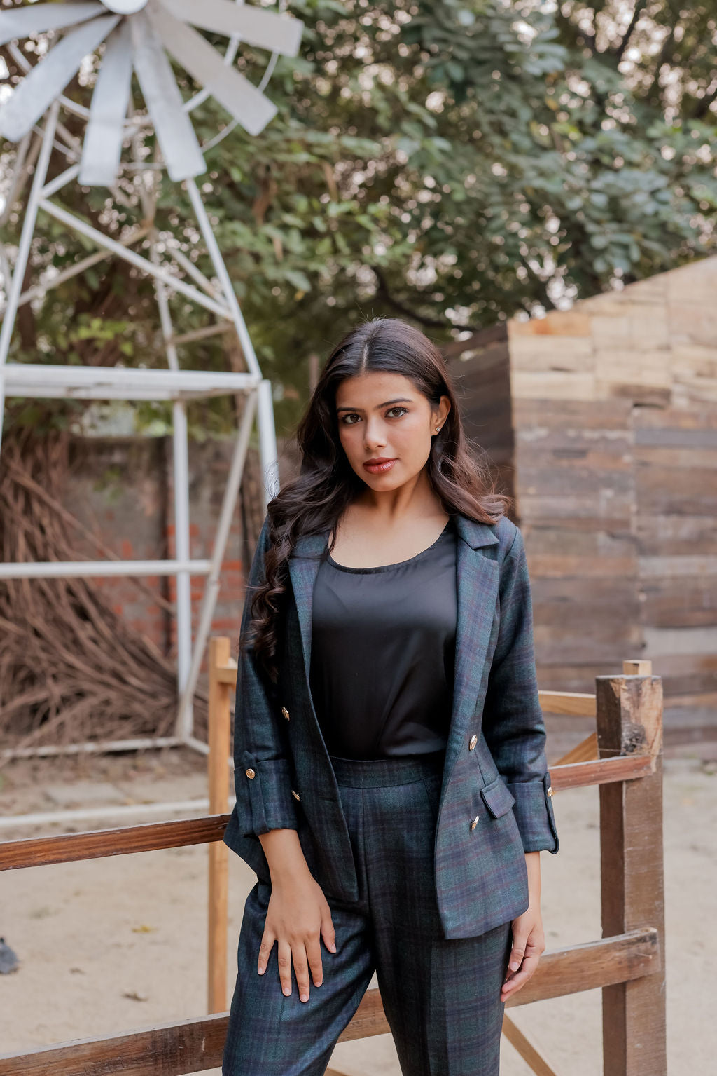 Green & Blue tweed fabric coat with gold buttons detailing EWCT0012-GRNGB