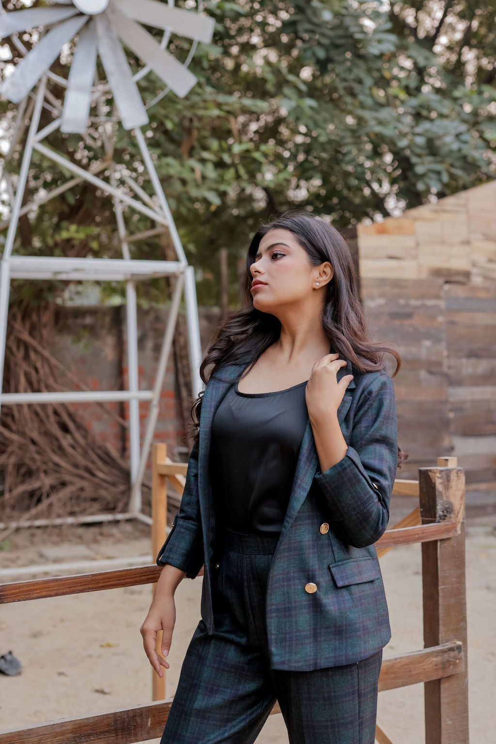 Green & Blue tweed fabric coat with gold buttons detailing EWCT0012-GRNGB