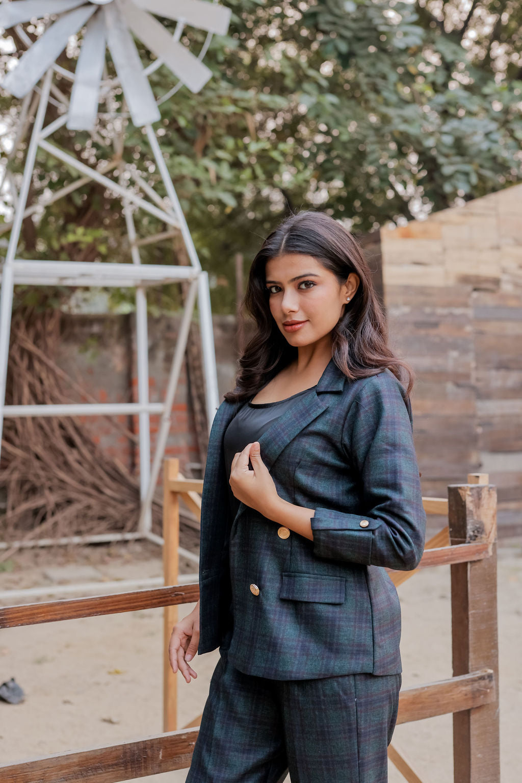 Green & Blue tweed fabric coat with gold buttons detailing & Pants Co ord set EWCO0037-GRNPT