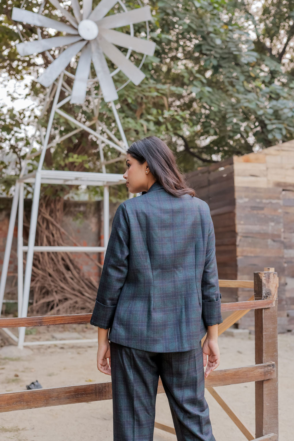 Green & Blue tweed fabric coat with gold buttons detailing & Pants Co ord set EWCO0037-GRNPT