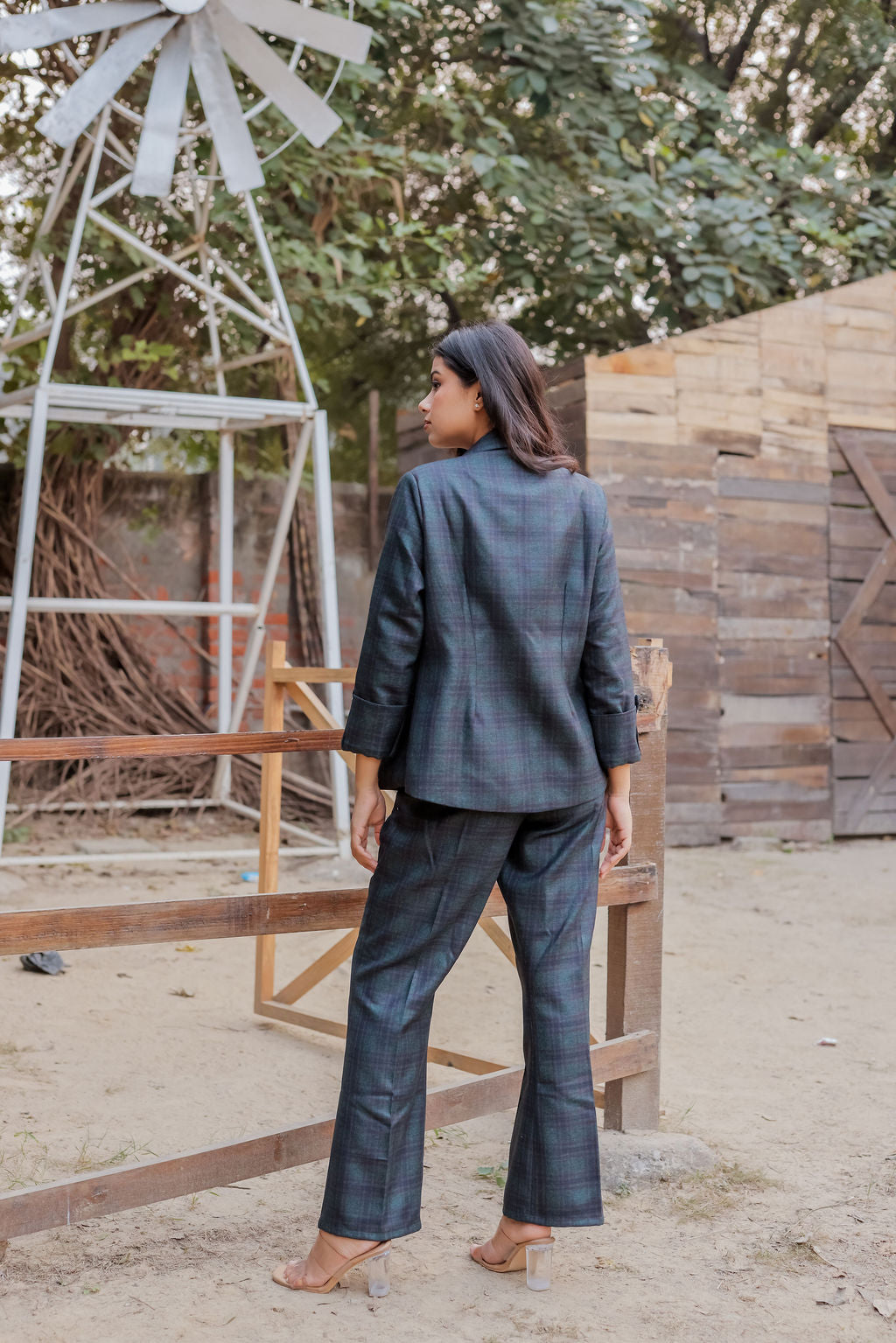 Green & Blue tweed pants with gold buttons detailing ESWPA0022-GRNGB