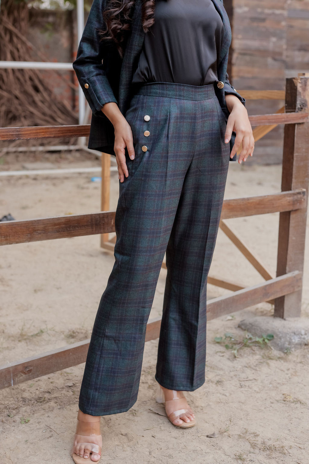 Green & Blue tweed pants with gold buttons detailing ESWPA0022-GRNGB