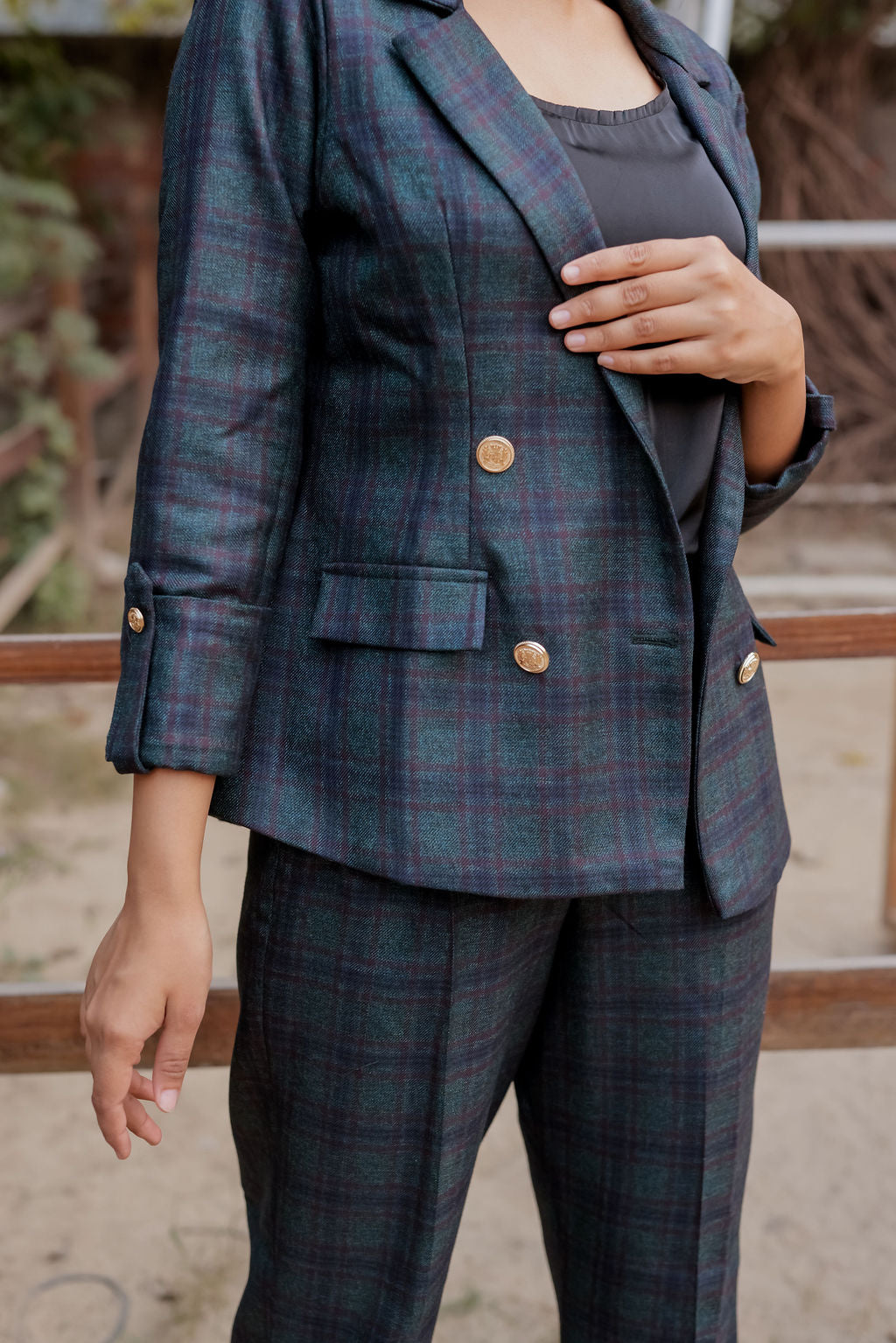 Green & Blue tweed pants with gold buttons detailing ESWPA0022-GRNGB