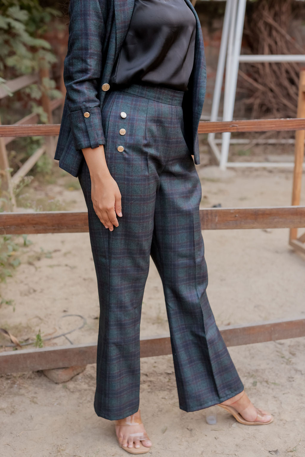 Green & Blue tweed pants with gold buttons detailing ESWPA0022-GRNGB