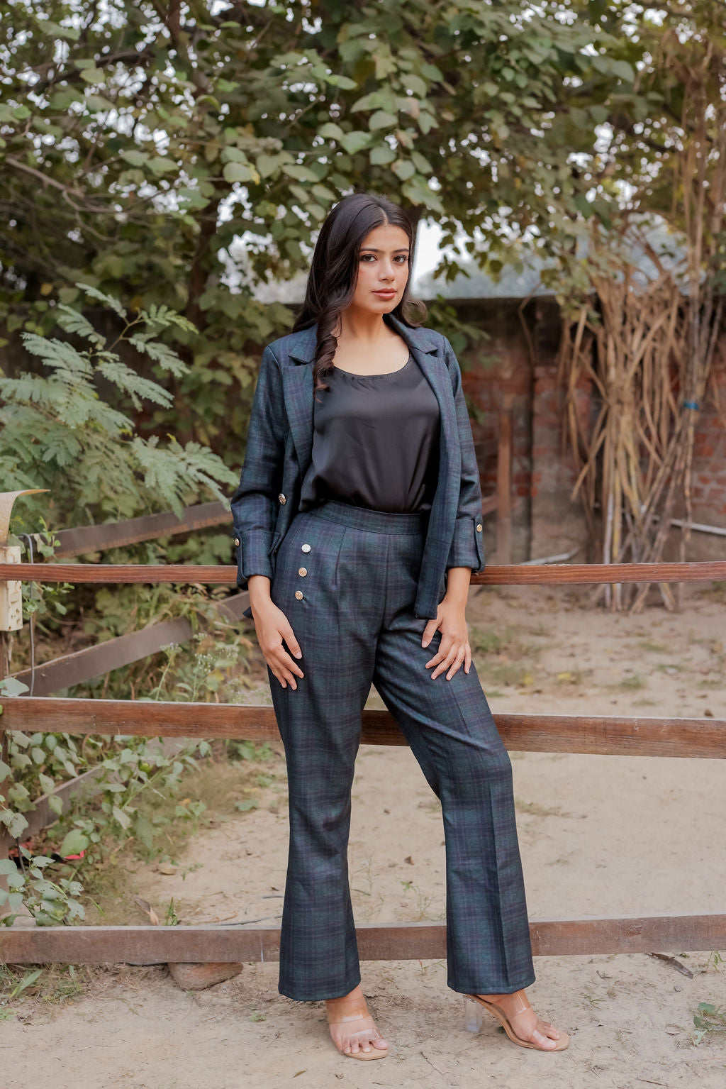 Green & Blue tweed pants with gold buttons detailing ESWPA0022-GRNGB