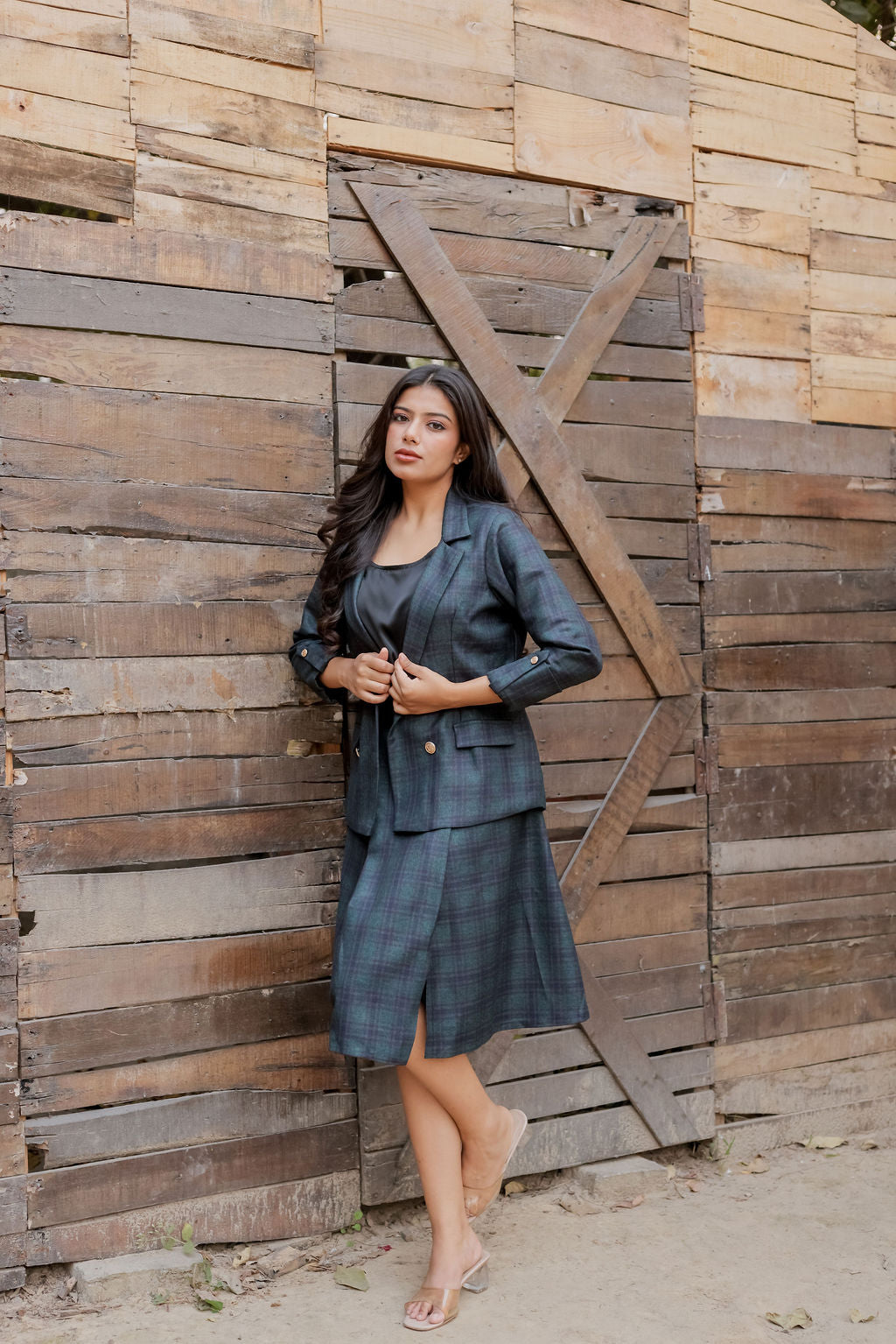 Green & Blue tweed fabric coat with gold buttons detailing & Skirt Co ord set  EWCO0037-GRNSK