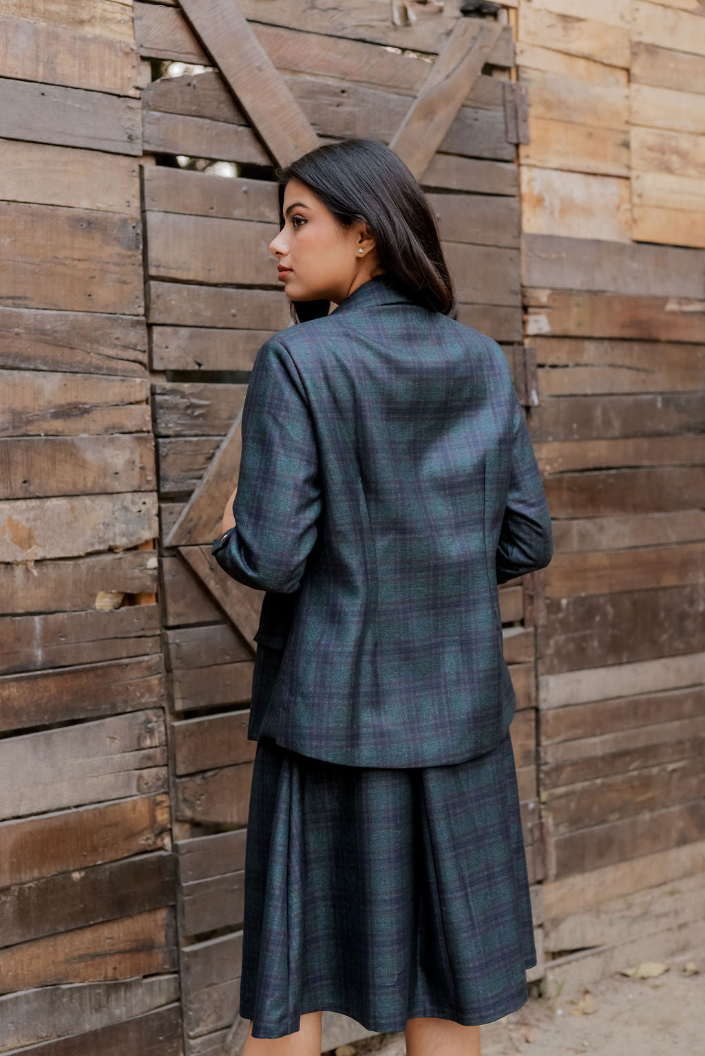 Green & Blue tweed fabric coat with gold buttons detailing & Skirt Co ord set  EWCO0037-GRNSK