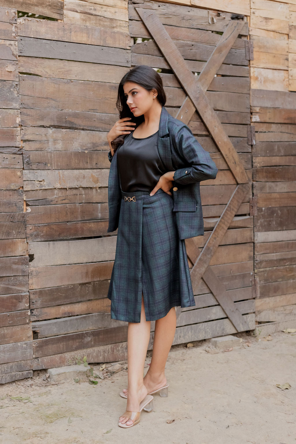 Green & Blue tweed fabric coat with gold buttons detailing & Skirt Co ord set  EWCO0037-GRNSK