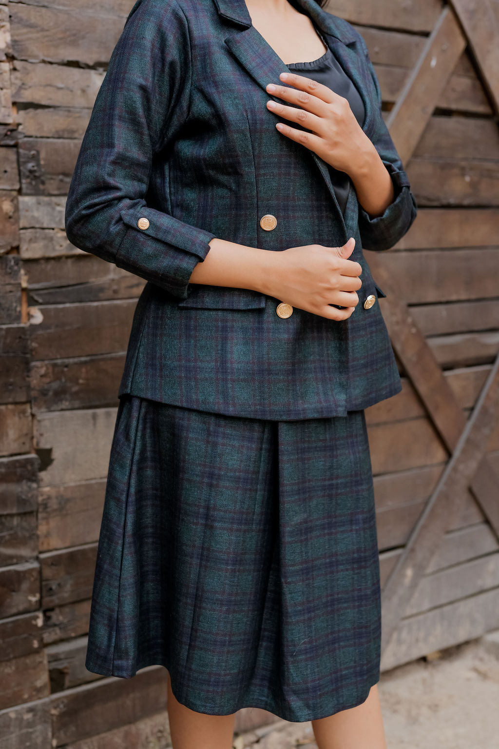 Green & Blue tweed fabric coat with gold buttons detailing & Skirt Co ord set  EWCO0037-GRNSK