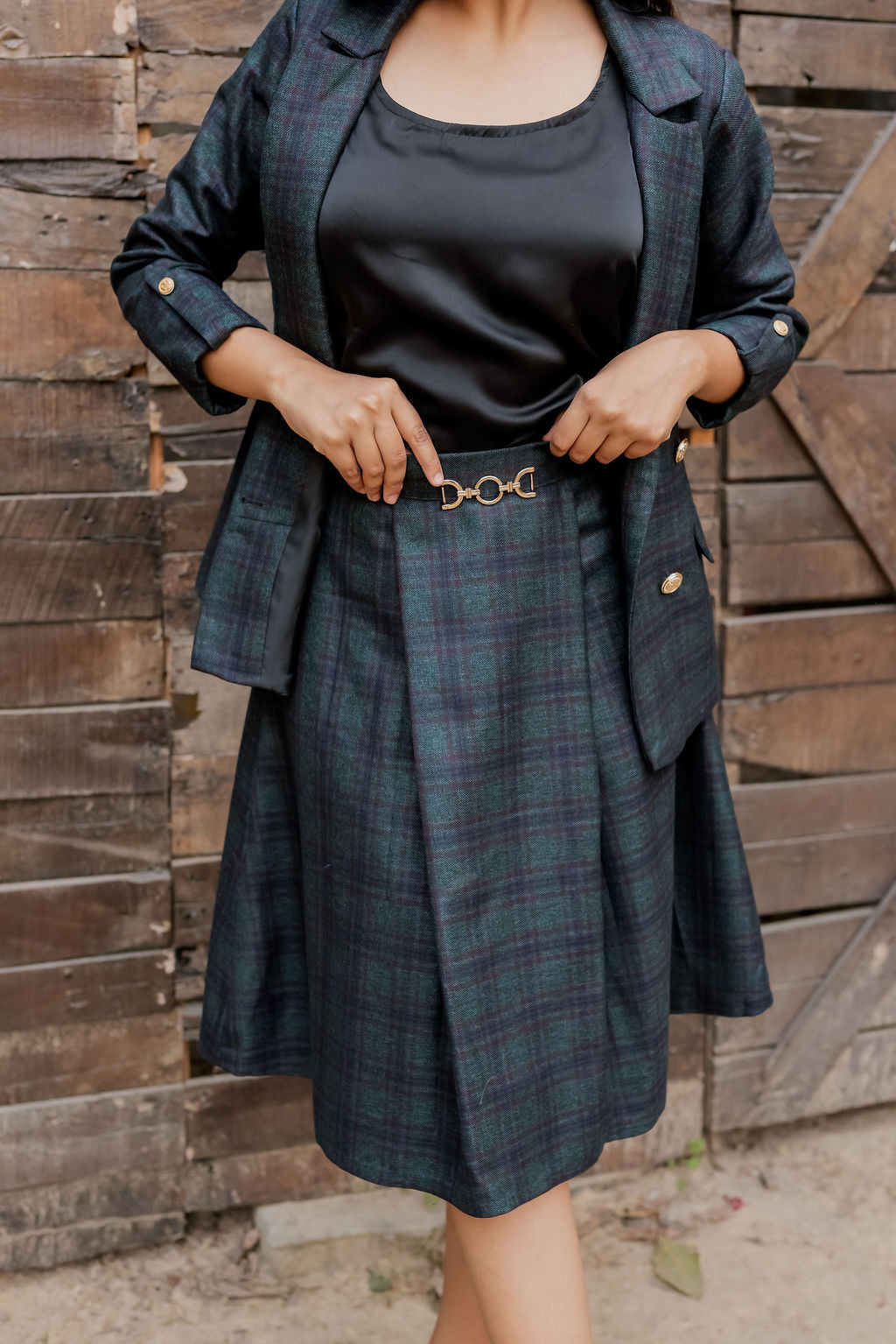 Green & Blue tweed fabric coat with gold buttons detailing & Skirt Co ord set  EWCO0037-GRNSK