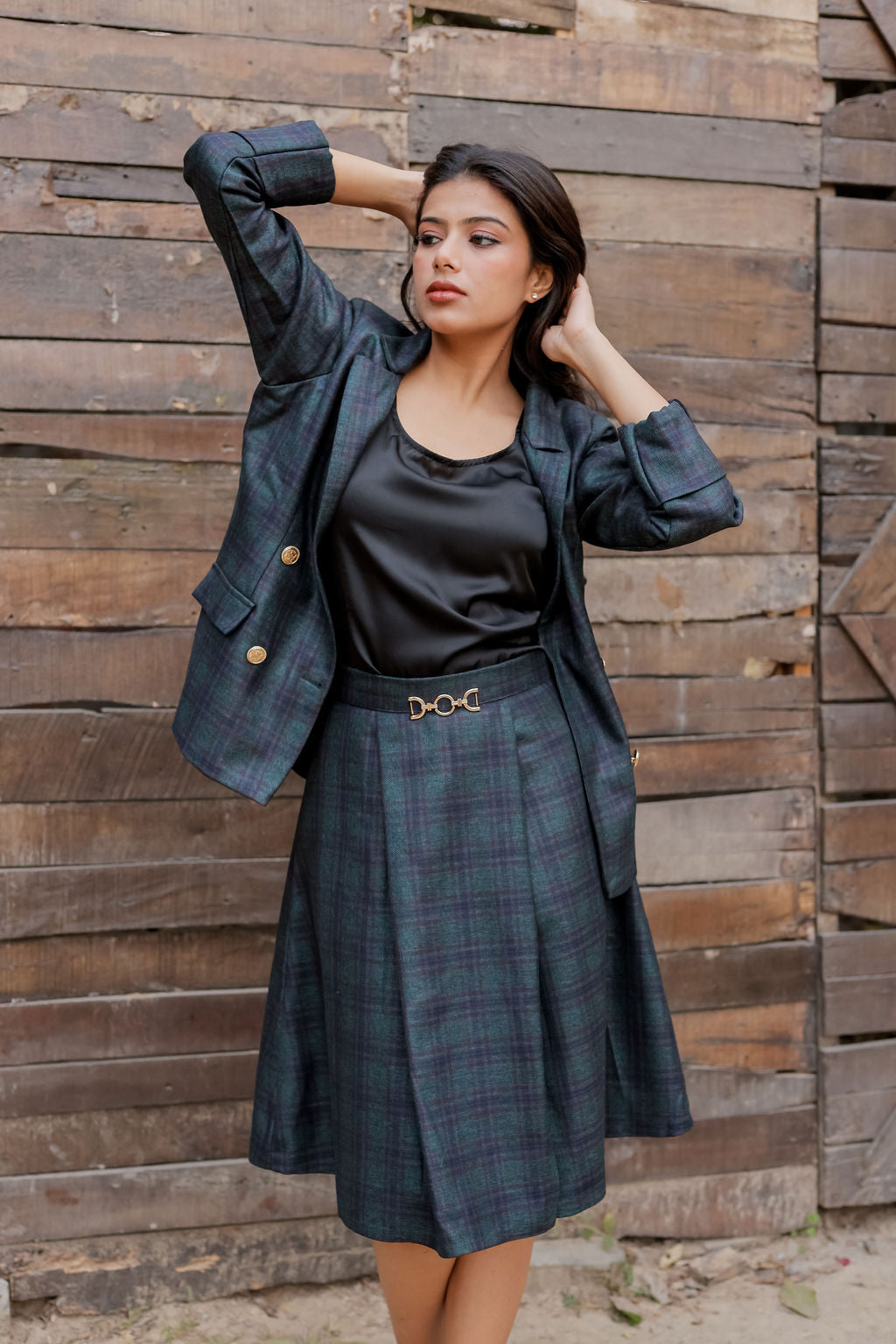Green & Blue tweed fabric coat with gold buttons detailing & Skirt Co ord set  EWCO0037-GRNSK