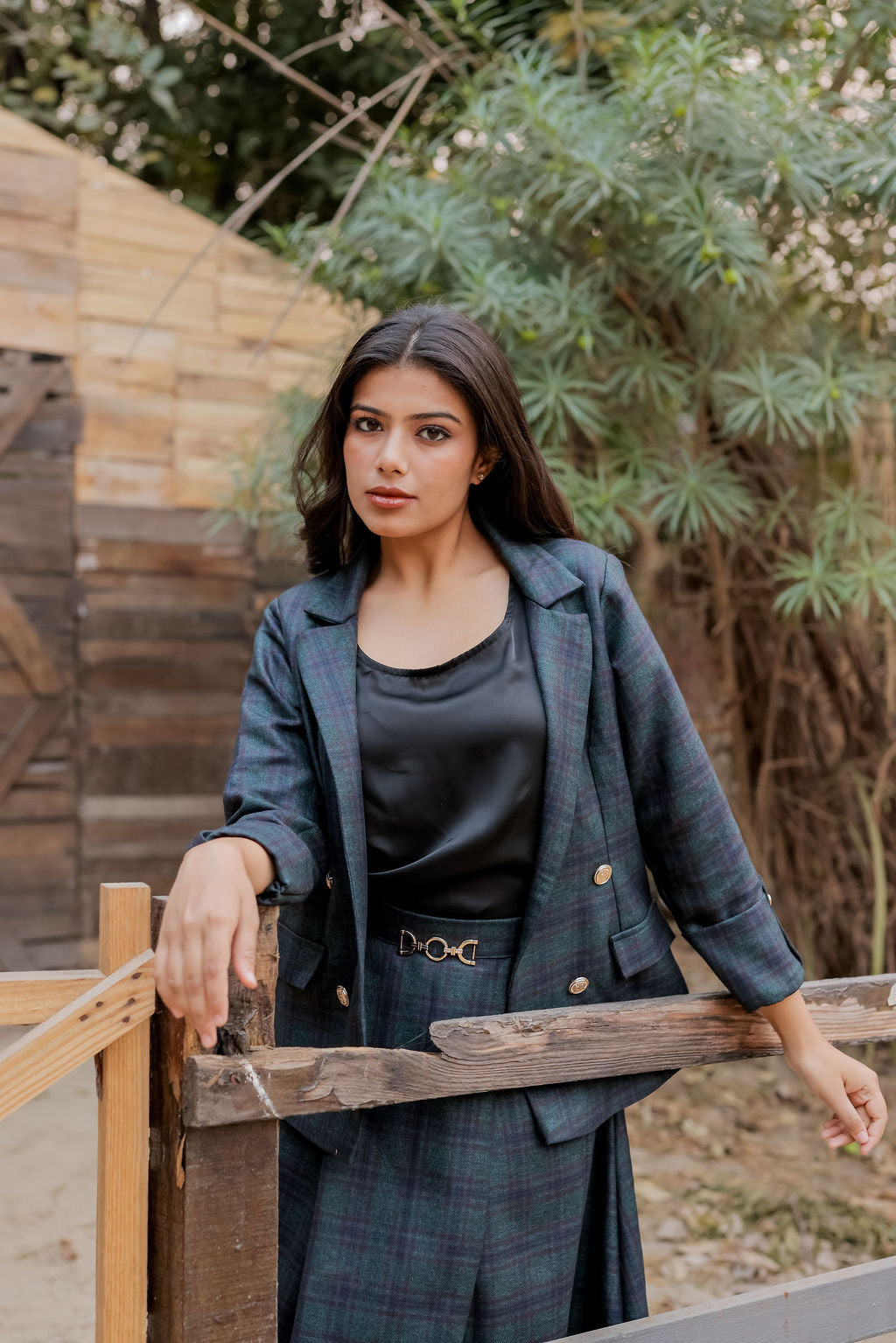 Green & Blue tweed fabric coat with gold buttons detailing & Skirt Co ord set  EWCO0037-GRNSK