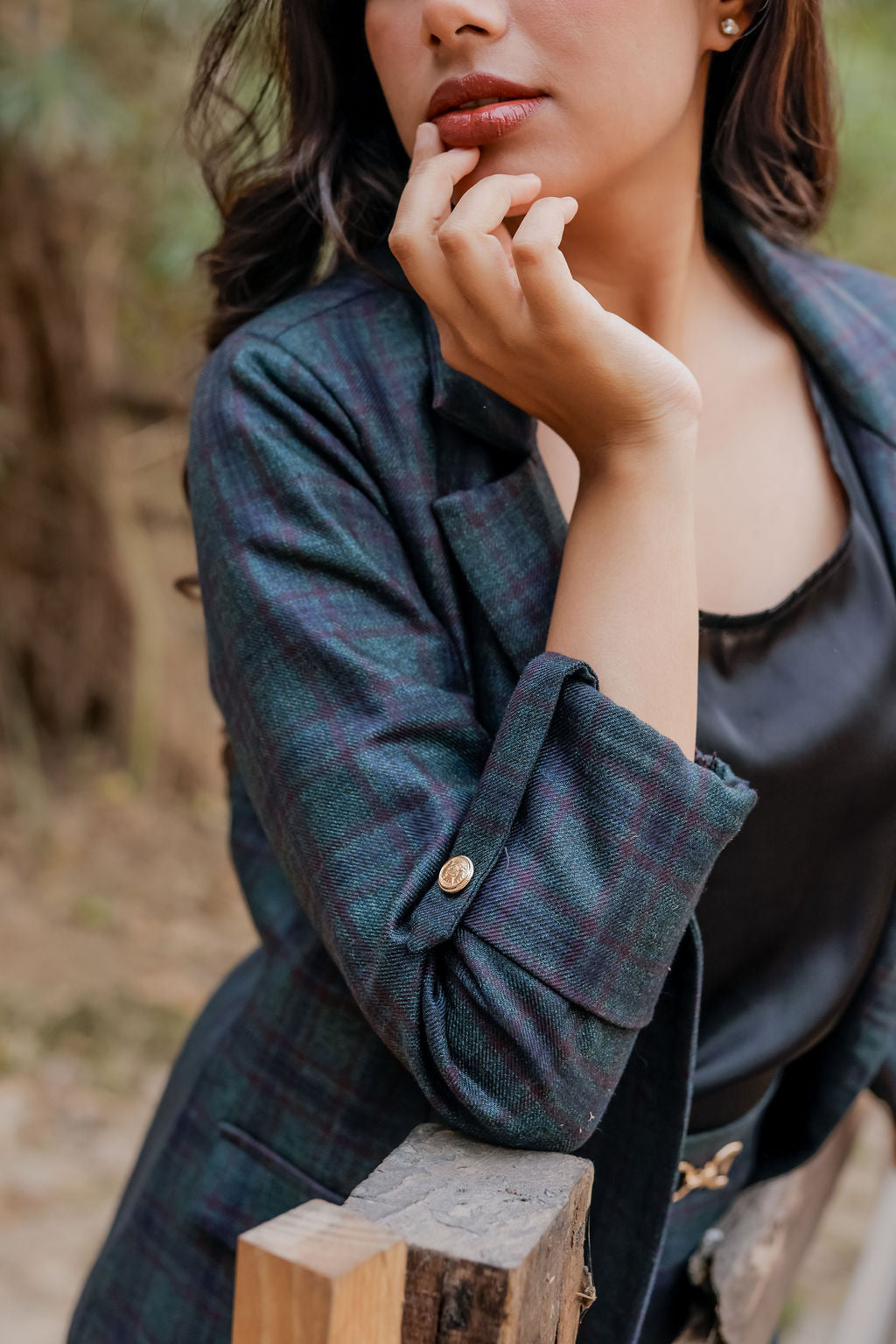 Green & Blue tweed fabric coat with gold buttons detailing & Skirt Co ord set  EWCO0037-GRNSK