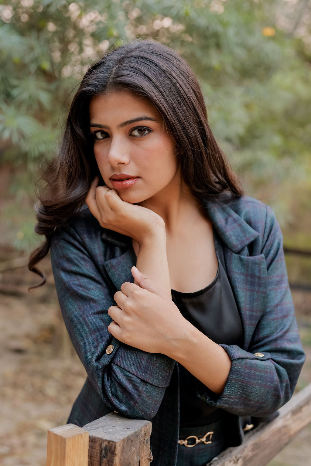 Green & Blue tweed fabric coat with gold buttons detailing & Skirt Co ord set  EWCO0037-GRNSK