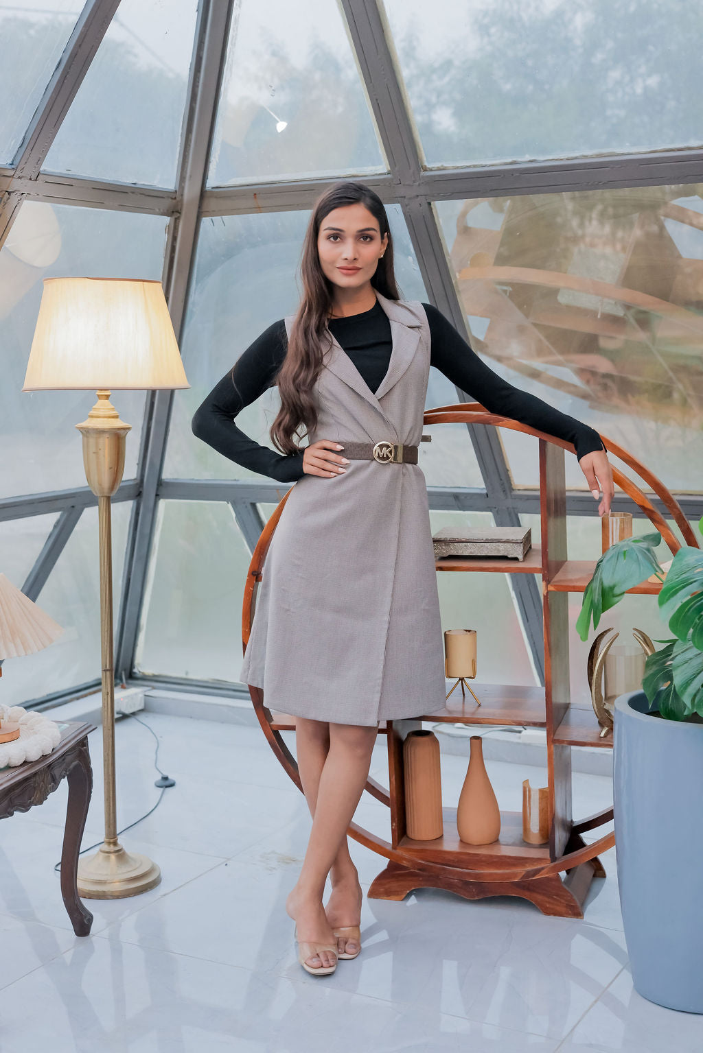 Brown Houndstooth wrap dress ESWDR0023-BRWBT (Belt and sweater not included)