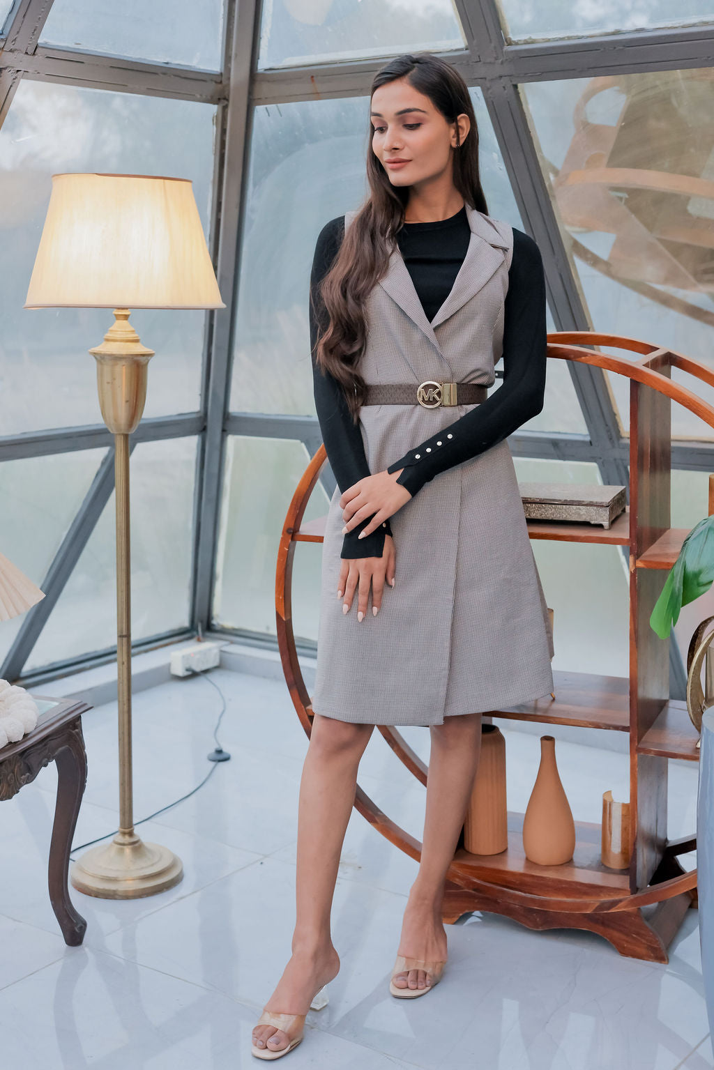 Brown Houndstooth wrap dress ESWDR0023-BRWBT (Belt and sweater not included)