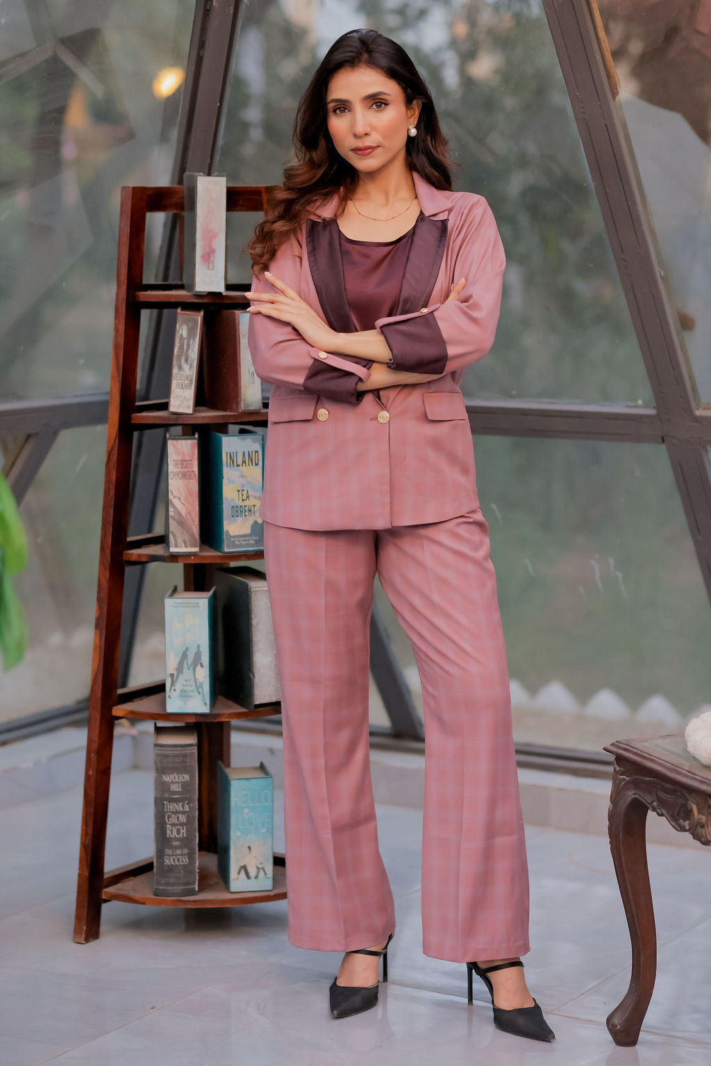 Mauve check formal pants with gold buttons detailing ESWPA0023-MAUGB