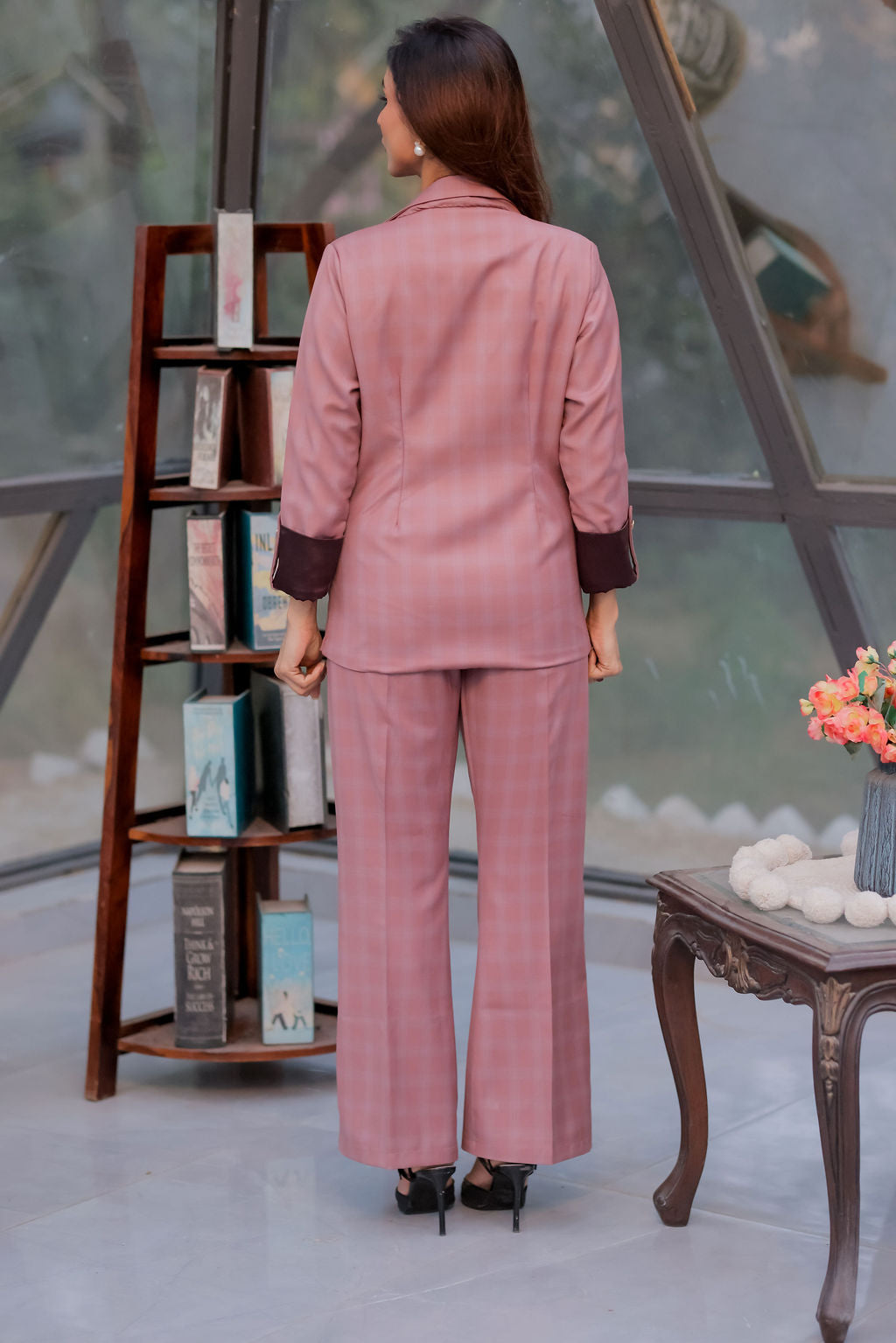 Mauve check formal pants with gold buttons detailing ESWPA0023-MAUGB