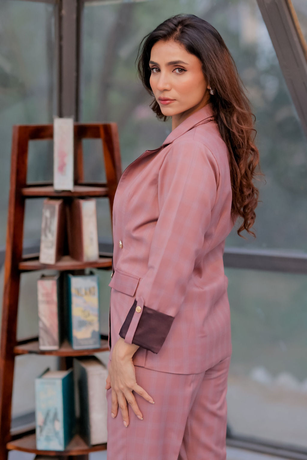 Mauve check formal pants with gold buttons detailing ESWPA0023-MAUGB