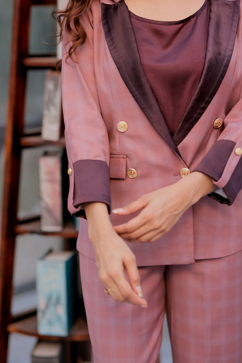 Mauve check coat with wine satin detailing with gold buttons EWCT0014-MAUGB